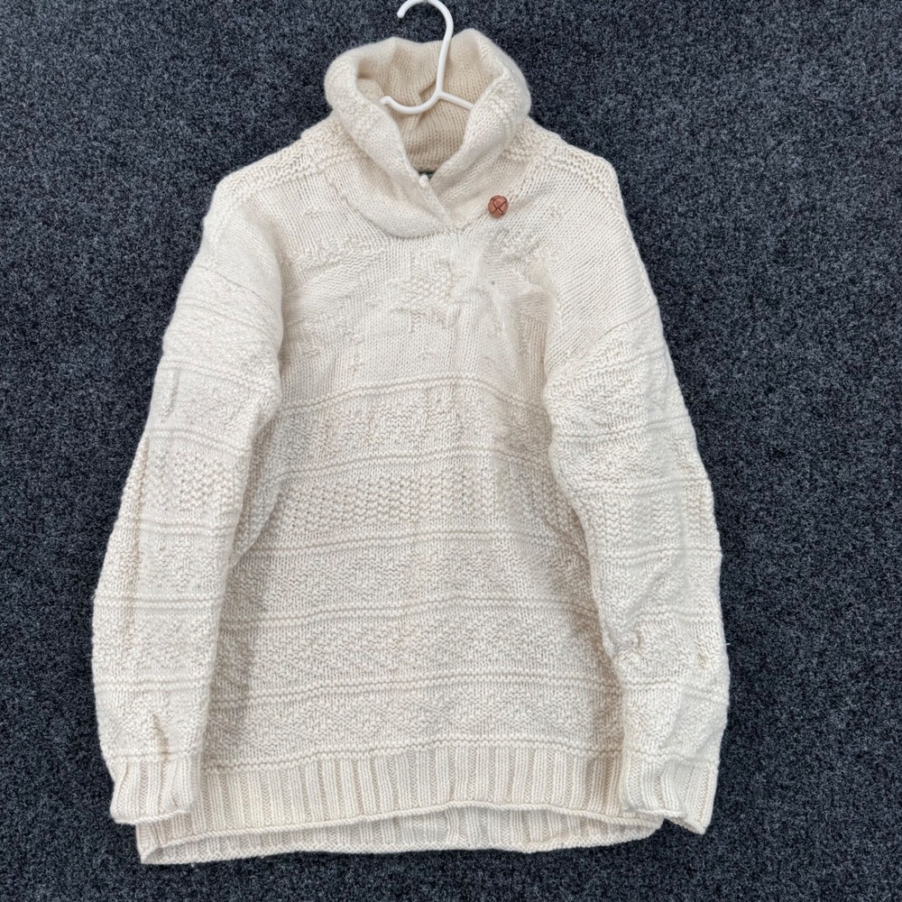 Lauren Ralph Lauren Hand Knit Wool Sweater Ivory Reindeer Shawl Collar Large